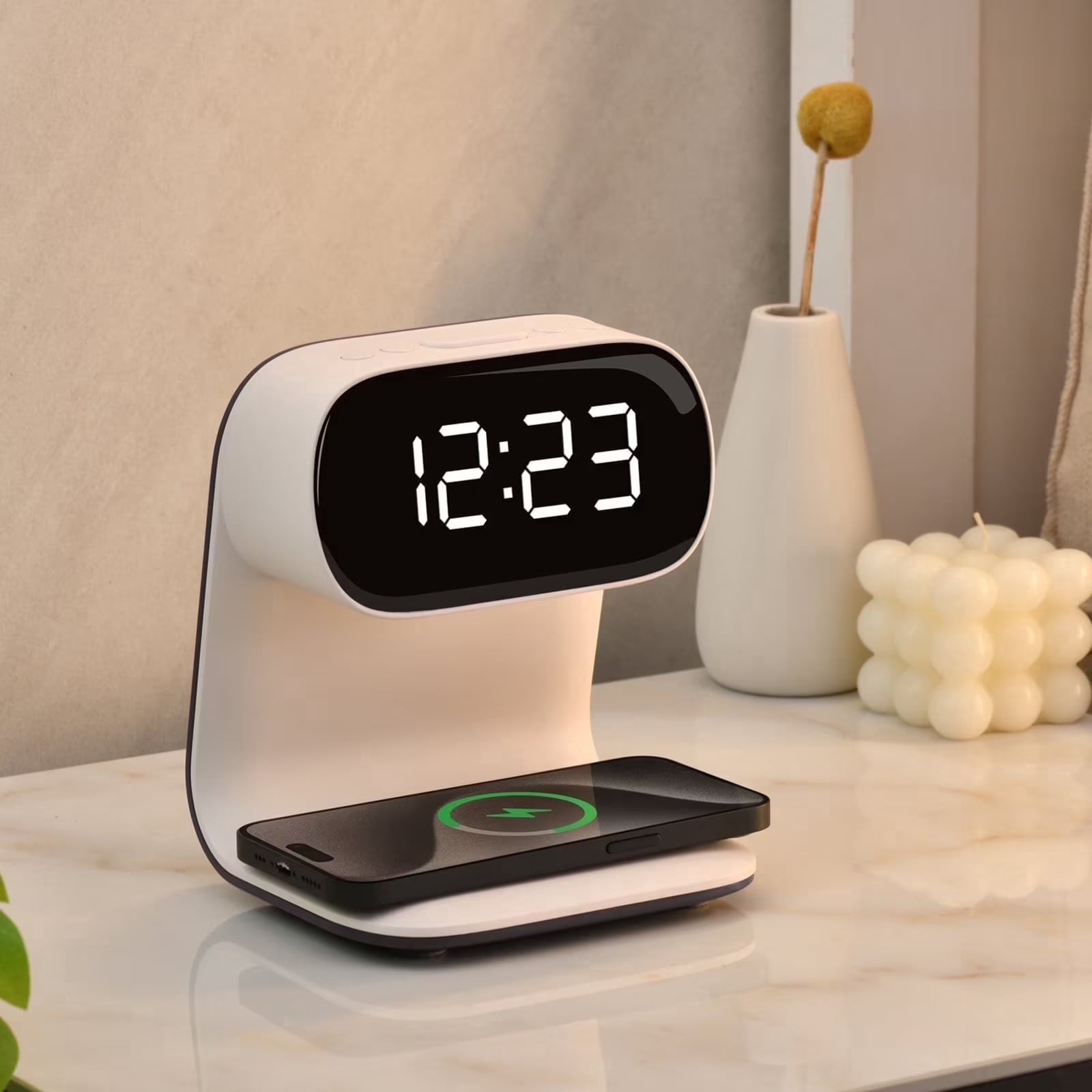 Wireless Charger Station Alarm Clock, Touch Control Night Light Lamp with LED Display, 3 Dimmable Brightness Levels for Bedroom, Desk Clock, Teenage Girl Gifts, Adult Gifts - White