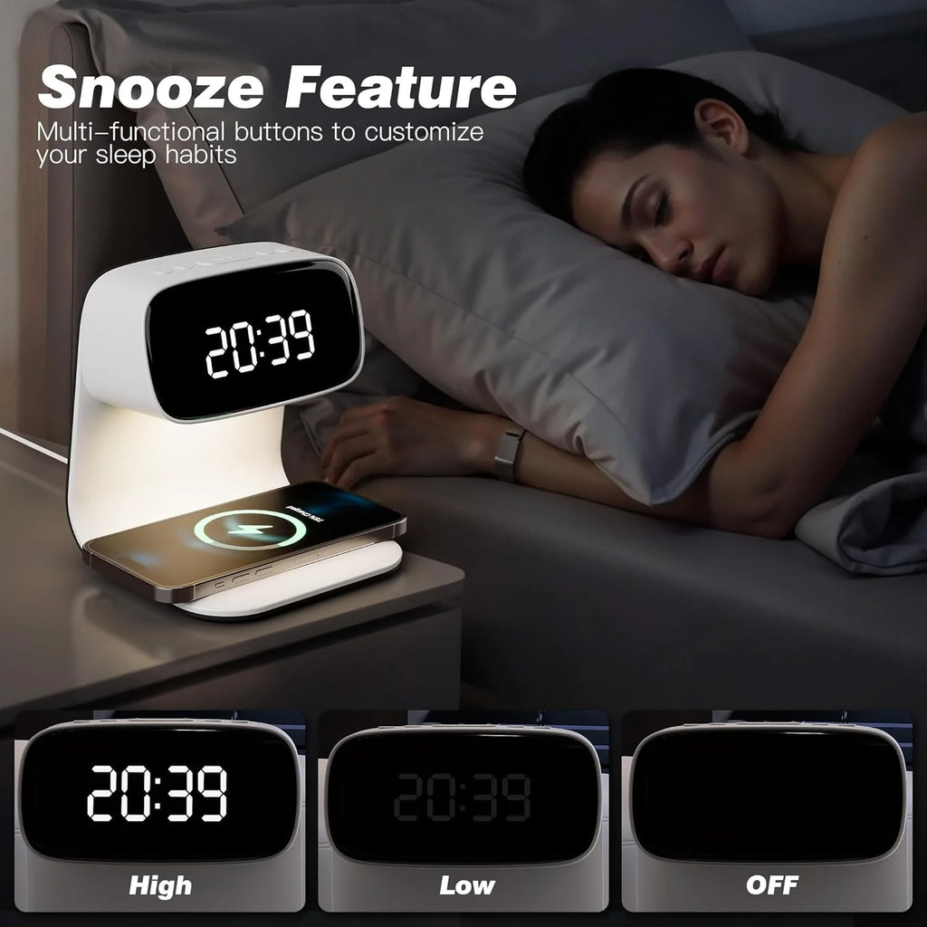 Wireless Charger Station Alarm Clock, Touch Control Night Light Lamp with LED Display, 3 Dimmable Brightness Levels for Bedroom, Desk Clock, Teenage Girl Gifts, Adult Gifts - White