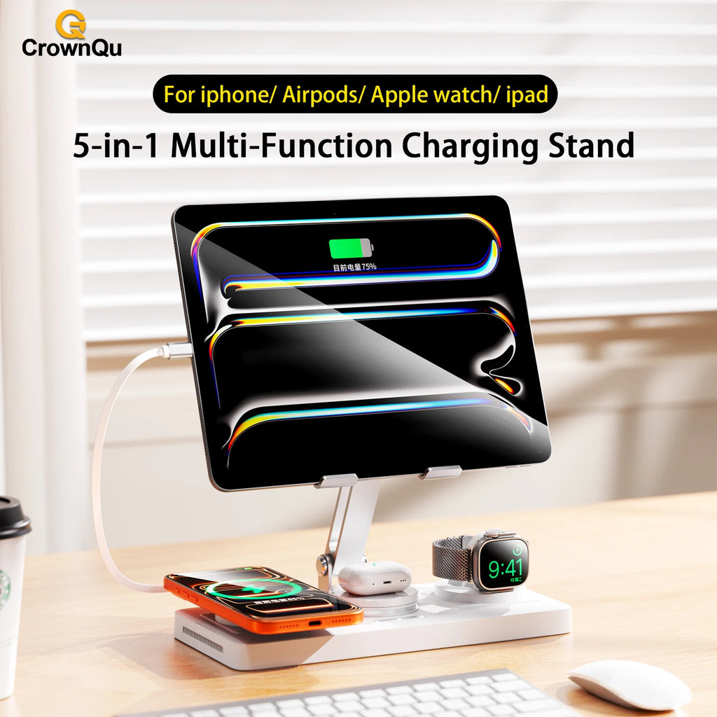 5-In-1 Wireless Charger Ipad Fast Charging Station Stand with 80Cm Type-C Retractable Cable for Iphone 17 16 15 Watch Airpods