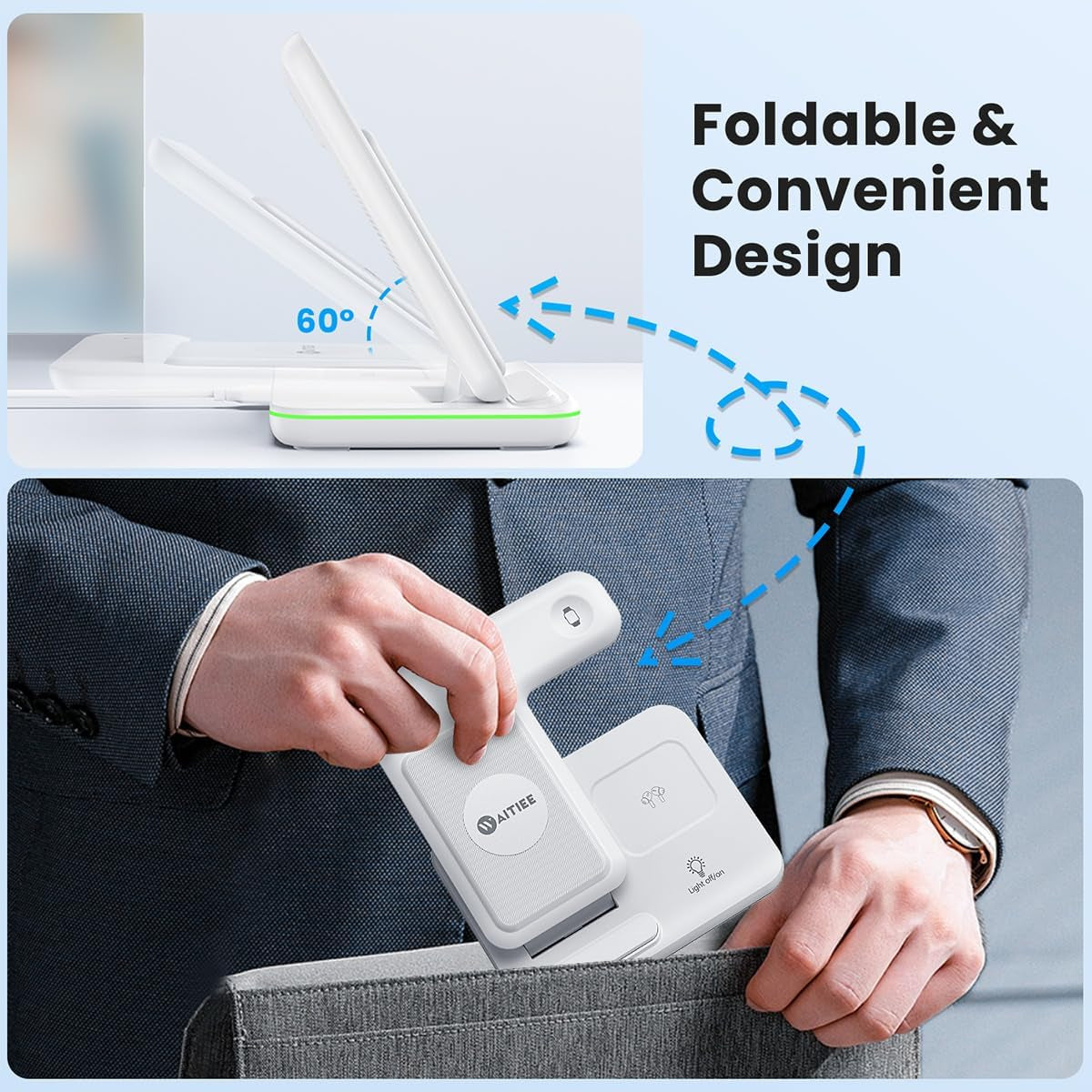 Foldable Wireless Charger for Iphone 17 16 15 14 13 12 11 X 8, 3 in 1 Charging Station for Apple Watch & for Airpods(White)