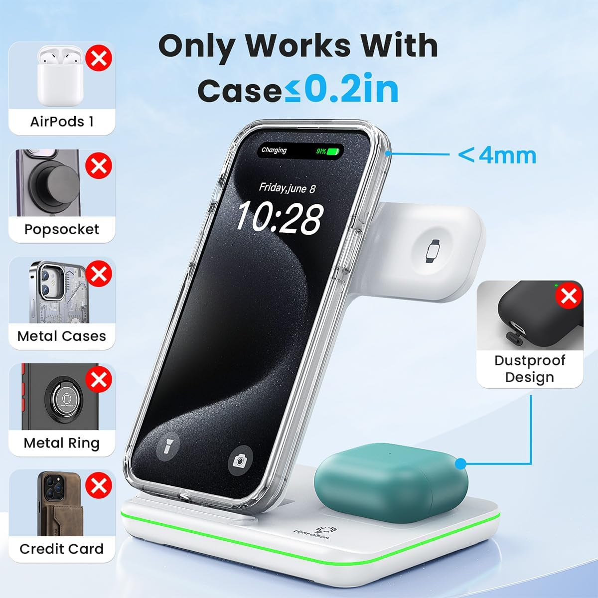 Foldable Wireless Charger for Iphone 17 16 15 14 13 12 11 X 8, 3 in 1 Charging Station for Apple Watch & for Airpods(White)