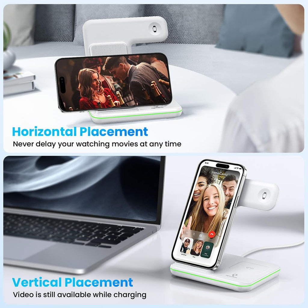 Foldable Wireless Charger for Iphone 17 16 15 14 13 12 11 X 8, 3 in 1 Charging Station for Apple Watch & for Airpods(White)