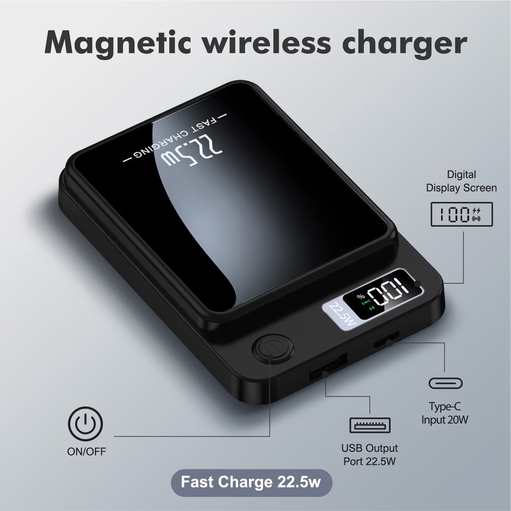 Power Bank,10000Mah Wireless Portable Charger with LED Power Display,22.5W Magnetic Power Bank Compatible with Iphone 8 and above Series,Black
