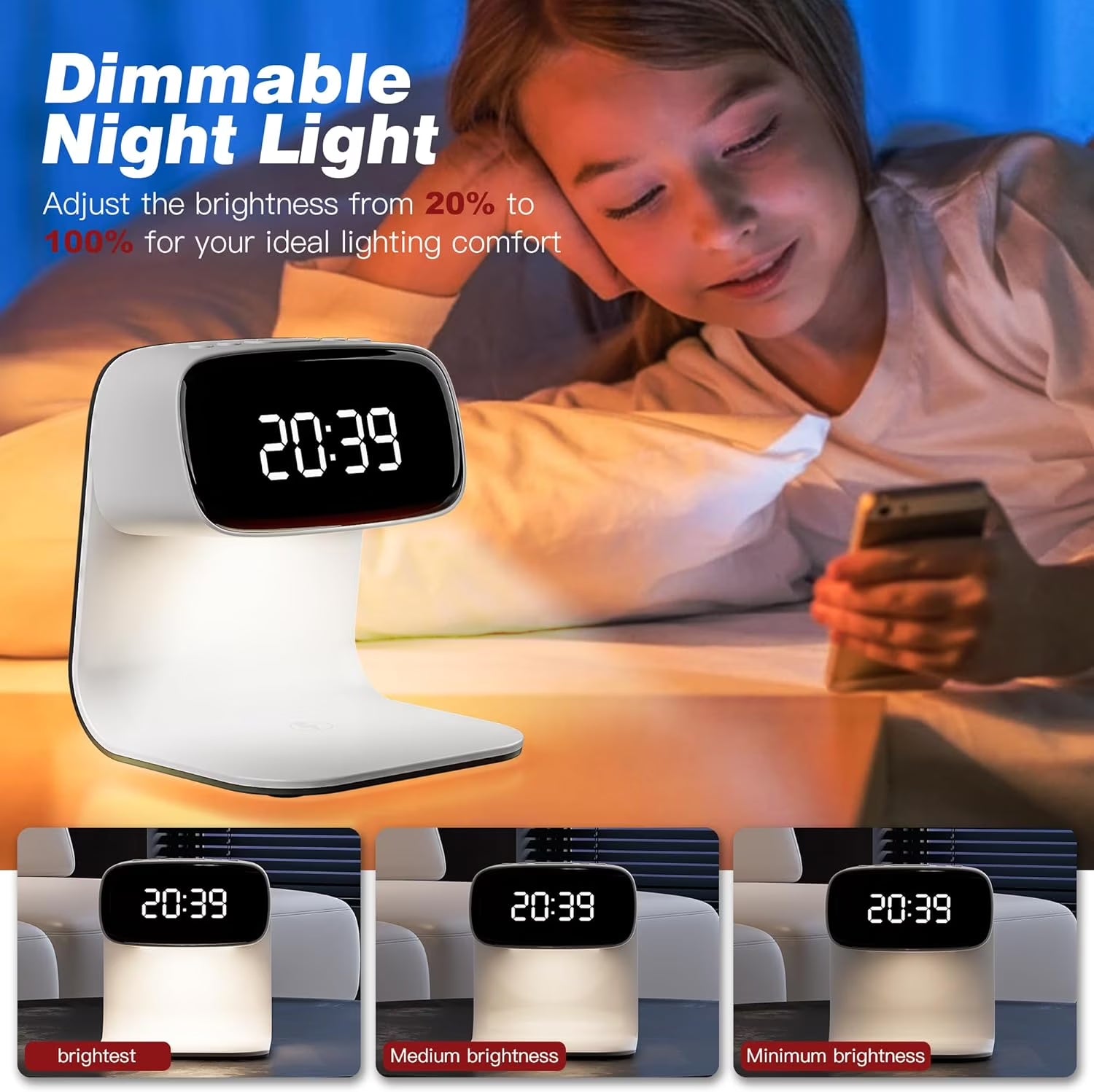 Wireless Charger Station Alarm Clock, Touch Control Night Light Lamp with LED Display, 3 Dimmable Brightness Levels for Bedroom, Desk Clock, Teenage Girl Gifts, Adult Gifts - White