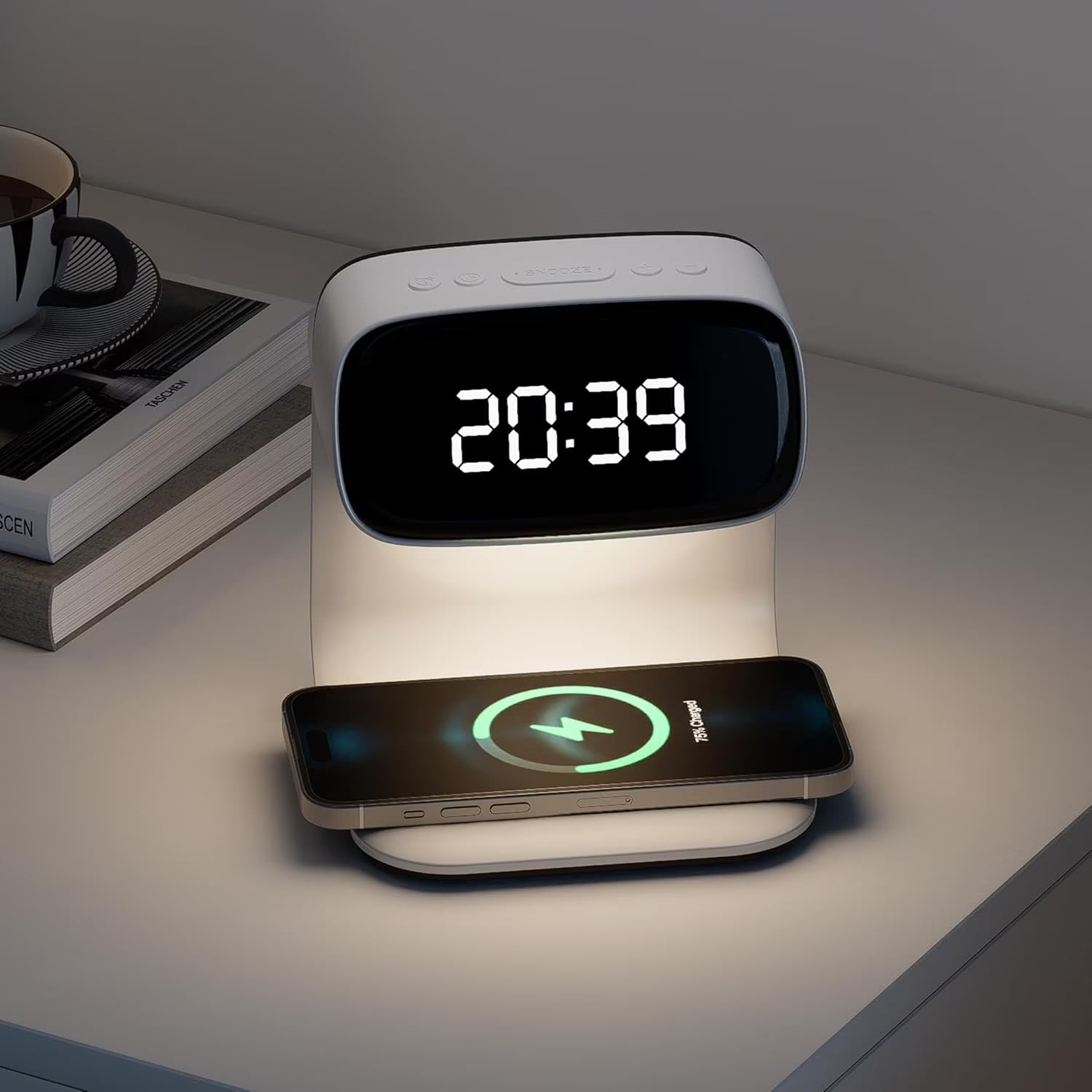 Wireless Charger Station Alarm Clock, Touch Control Night Light Lamp with LED Display, 3 Dimmable Brightness Levels for Bedroom, Desk Clock, Teenage Girl Gifts, Adult Gifts - White