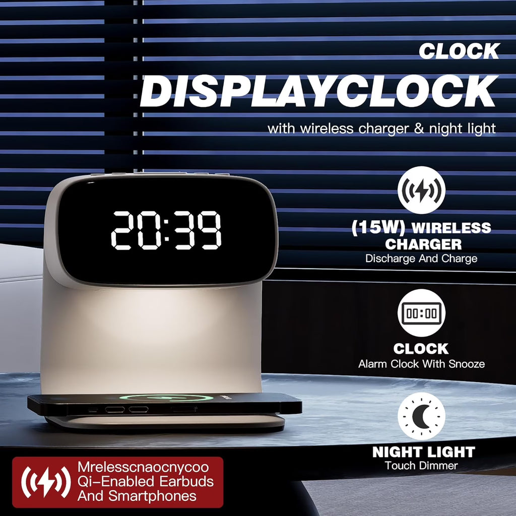 Wireless Charger Station Alarm Clock, Touch Control Night Light Lamp with LED Display, 3 Dimmable Brightness Levels for Bedroom, Desk Clock, Teenage Girl Gifts, Adult Gifts - White