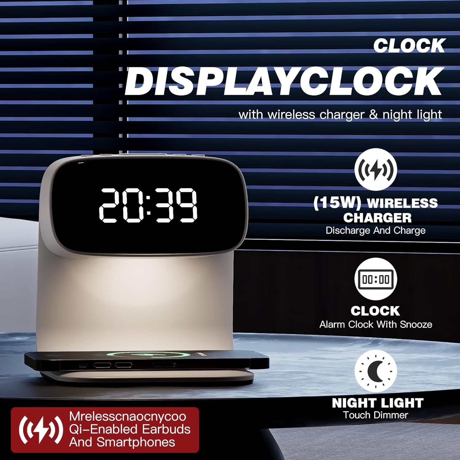 Wireless Charger Station Alarm Clock, Touch Control Night Light Lamp with LED Display, 3 Dimmable Brightness Levels for Bedroom, Desk Clock, Teenage Girl Gifts, Adult Gifts - White