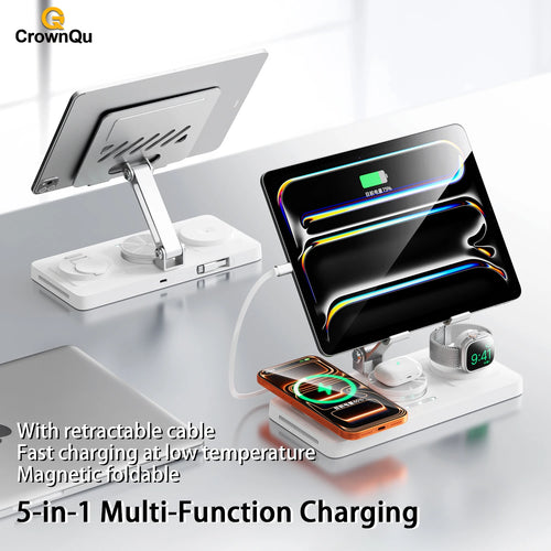5-In-1 Wireless Charger Ipad Fast Charging Station Stand with 80Cm Type-C Retractable Cable for Iphone 17 16 15 Watch Airpods