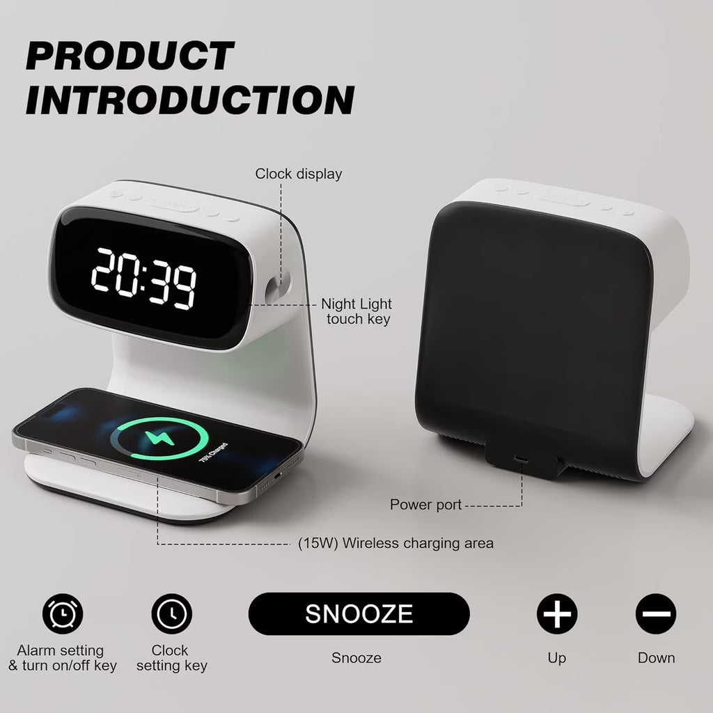Wireless Charger Station Alarm Clock, Touch Control Night Light Lamp with LED Display, 3 Dimmable Brightness Levels for Bedroom, Desk Clock, Teenage Girl Gifts, Adult Gifts - White